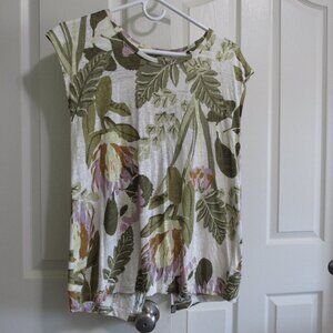 Linen Tank Top Green & Cream Floral Pattern Size Medium